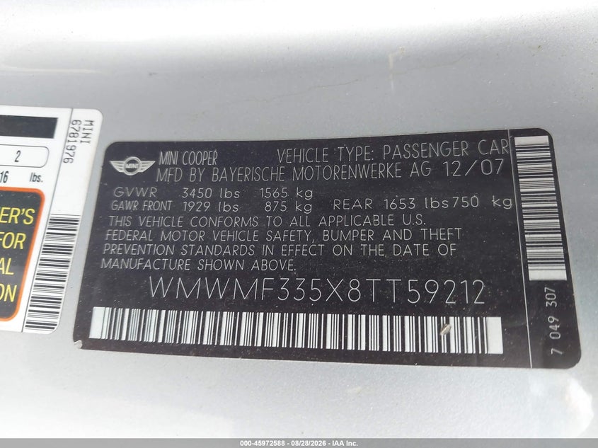 MINI COOPER 2008 VIN WMWMF335X8TT59212