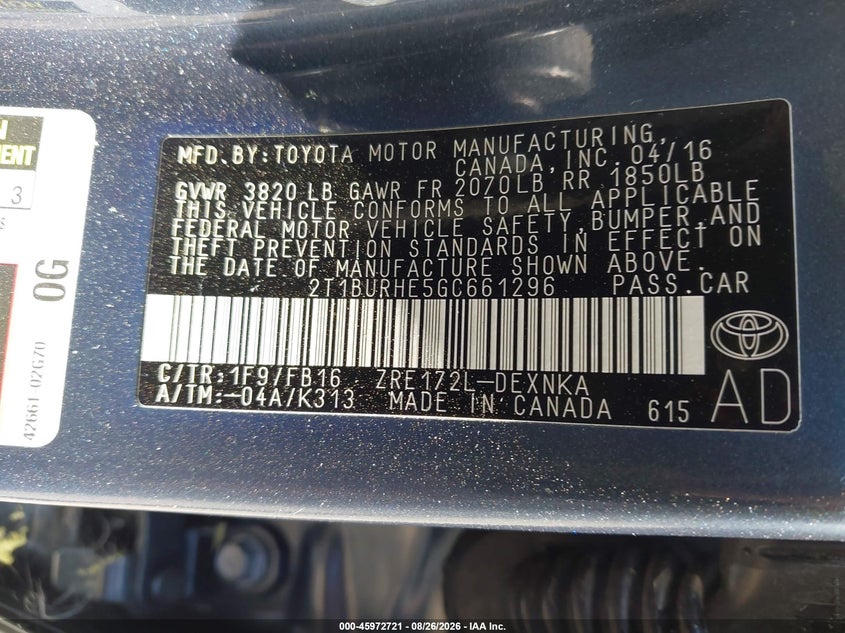 TOYOTA COROLLA 2016 VIN 2T1BURHE5GC661296
