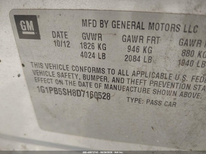 CHEVROLET CRUZE 2013 VIN 1G1PB5SH8D7160528