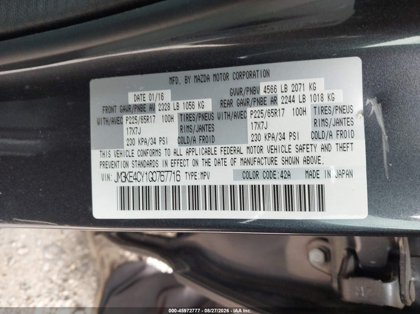 MAZDA CX-5 2016 VIN JM3KE4CY1G0767716