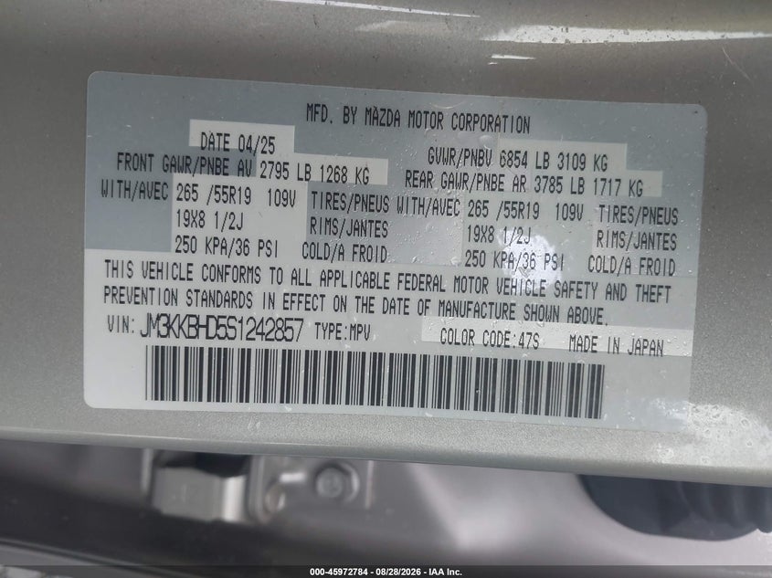 MAZDA CX-90 2025 VIN JM3KKBHD5S1242857