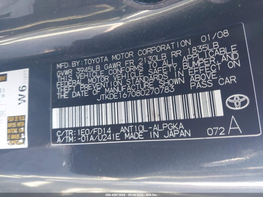 2008 SCION TC COUPE 2.4L I-4 DOHC, VVT, 161HP