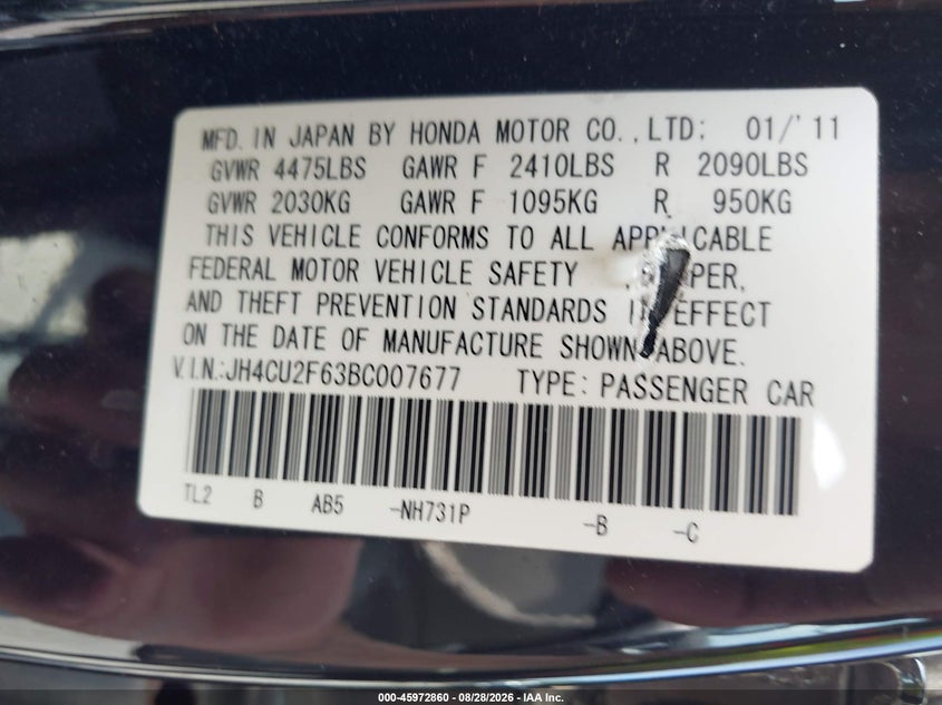 ACURA TSX 2011 VIN JH4CU2F63BC007677