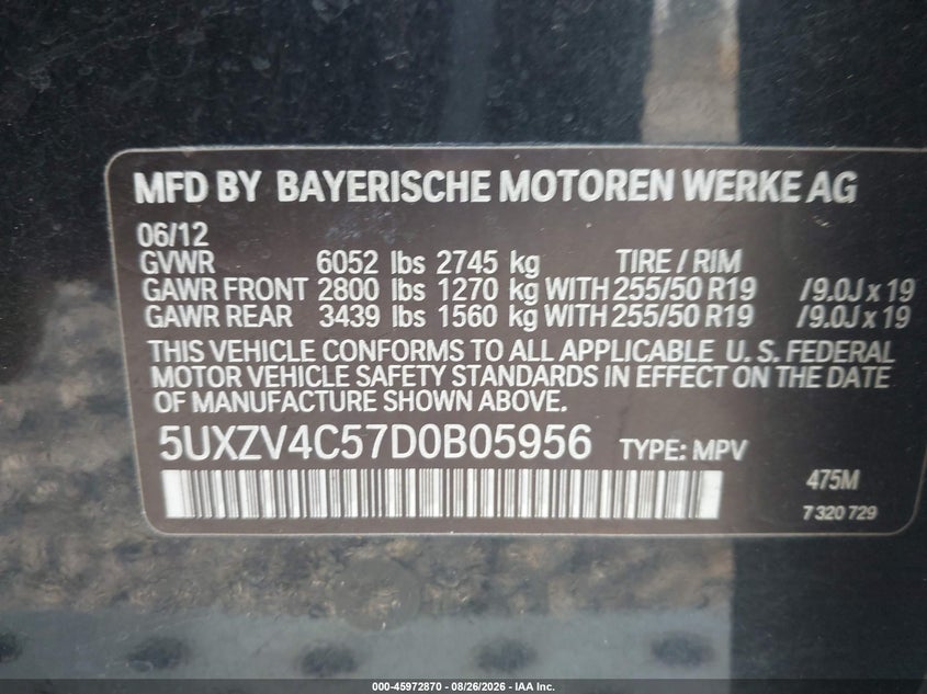 BMW X5 2013 VIN 5UXZV4C57D0B05956
