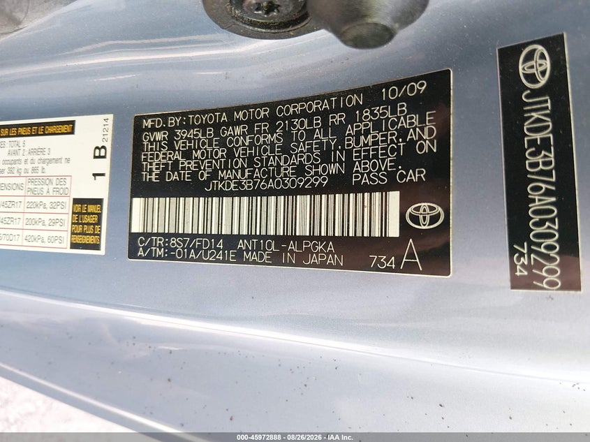 SCION TC 2010 VIN JTKDE3B76A0309299