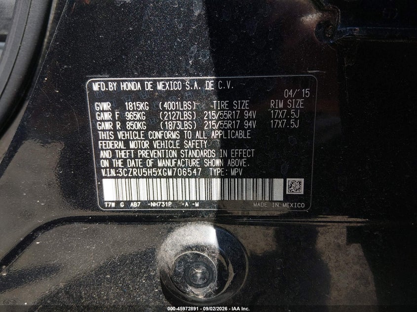HONDA HR-V 2016 VIN 3CZRU5H5XGM706547