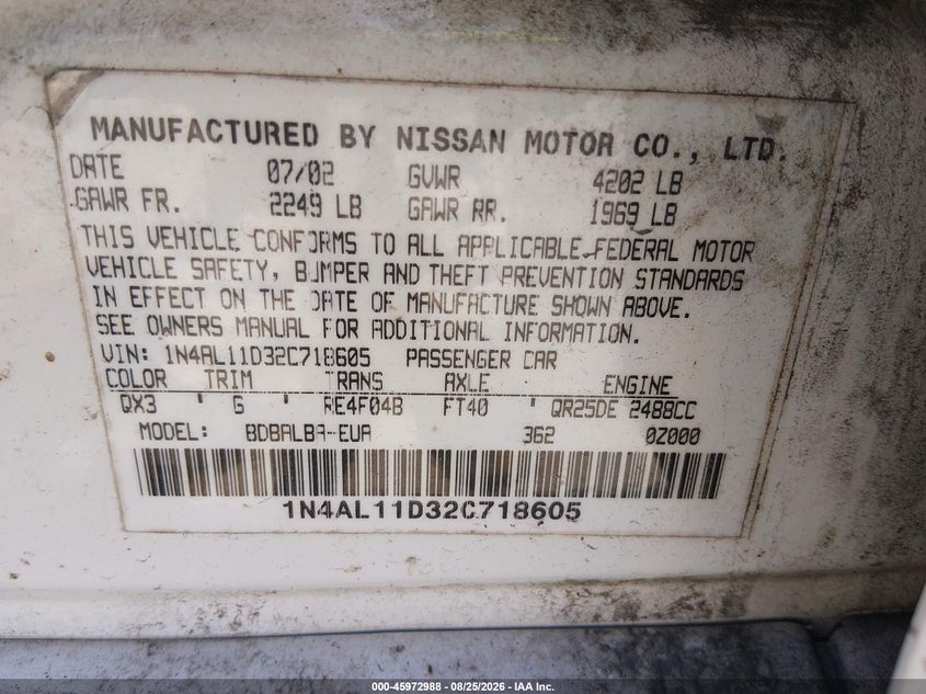 NISSAN ALTIMA 2002 VIN 1N4AL11D32C718605