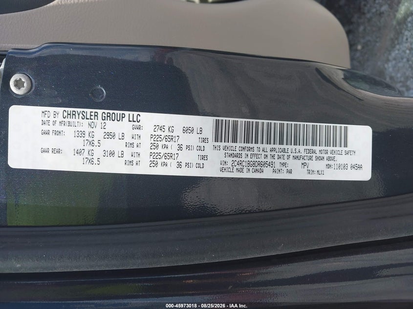 CHRYSLER TOWN & COUNTRY 2013 VIN 2C4RC1BG8DR605491