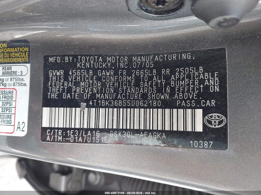 TOYOTA AVALON 2005 VIN 4T1BK36B55U062180
