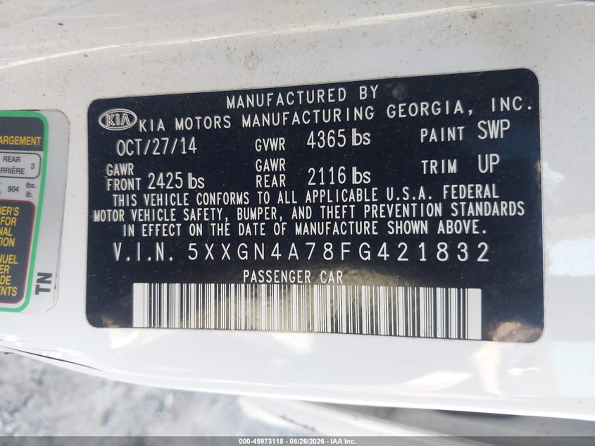 2015 KIA OPTIMA SEDAN 2.4L I-4 DI, DOHC, VVT, REGULAR , 192HP