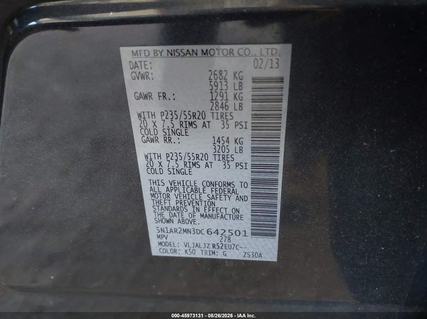 NISSAN PATHFINDER 2013 VIN 5N1AR2MN3DC642501