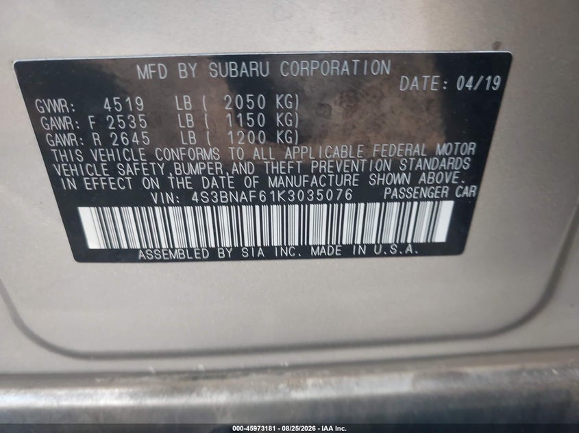 SUBARU LEGACY 2019 VIN 4S3BNAF61K3035076