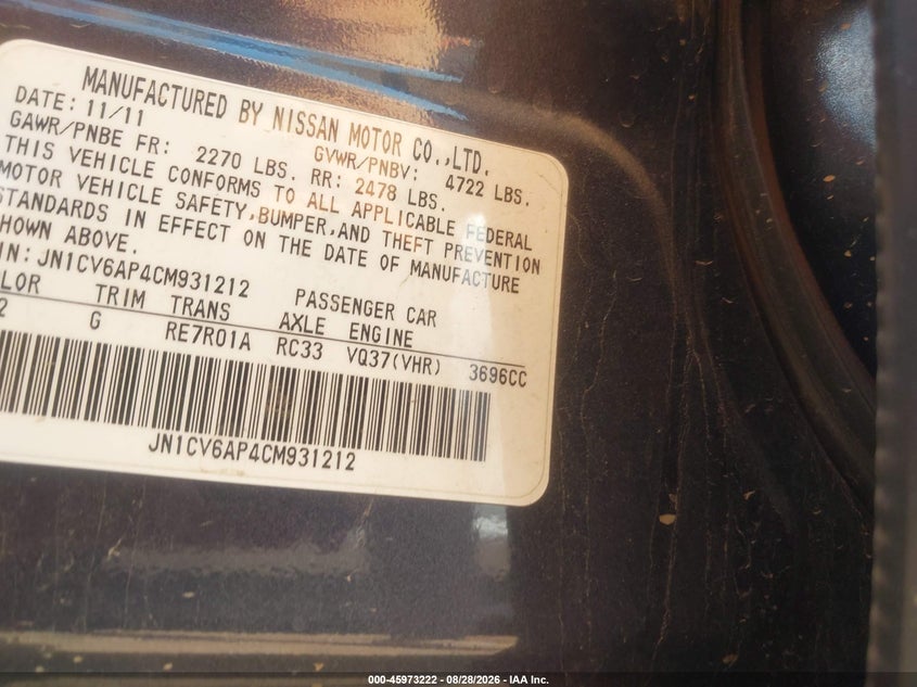 INFINITI G37 2012 VIN JN1CV6AP4CM931212