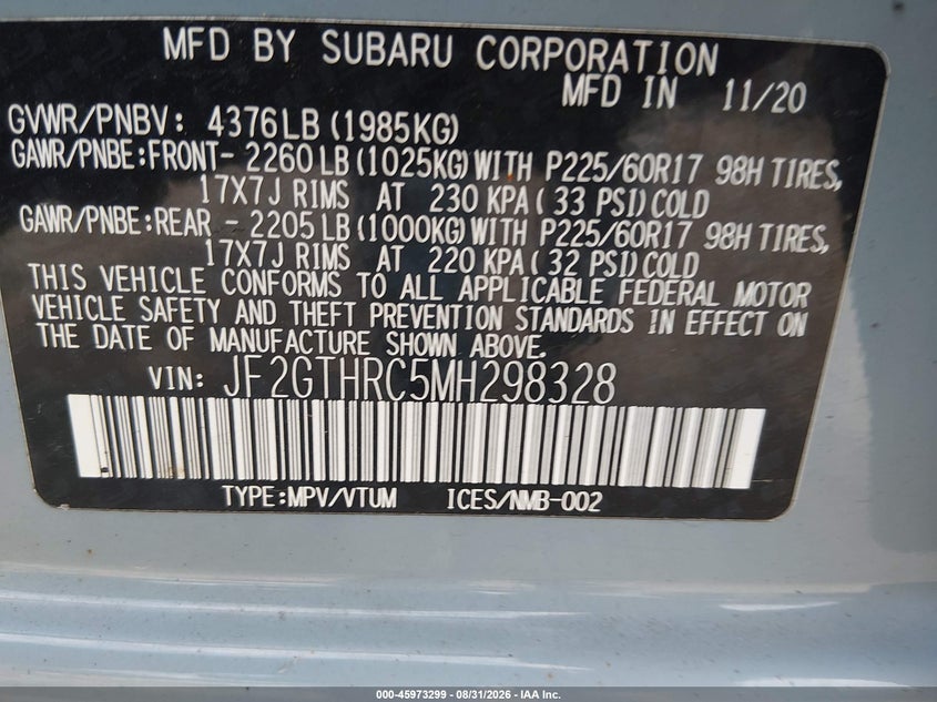 2021 SUBARU XV SPORT UTILITY VEHICLE 2.5L H-4 DI, DOHC, VVT, 182HP