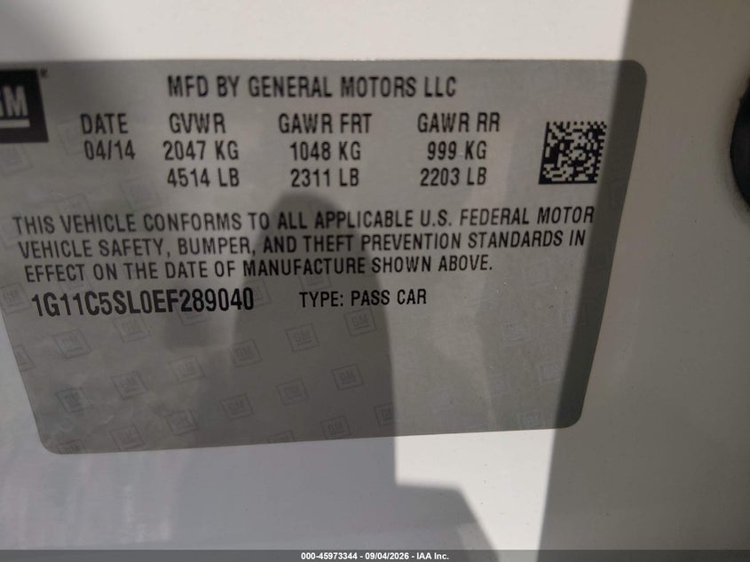 CHEVROLET MALIBU 2014 VIN 1G11C5SL0EF289040