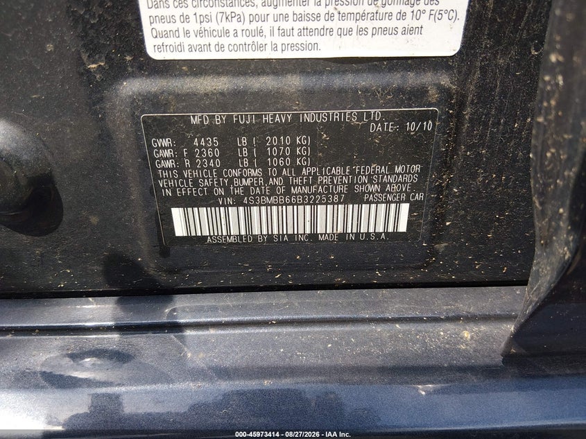 2011 SUBARU LEGACY SEDAN 2.5L H-4 VVT, 170HP