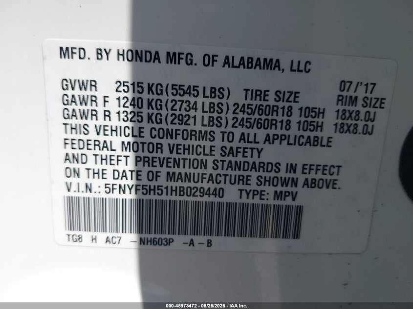 HONDA PILOT 2017 VIN 5FNYF5H51HB029440