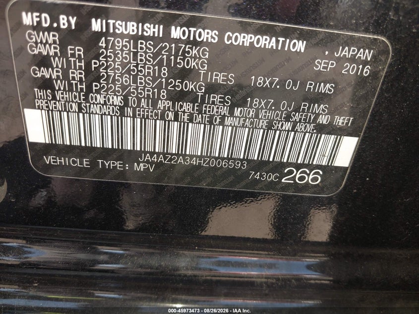 MITSUBISHI OUTLANDER 2017 VIN JA4AZ2A34HZ006593