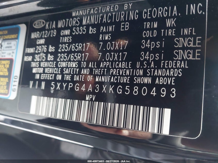 KIA SORENTO 2019 VIN 5XYPG4A3XKG580493