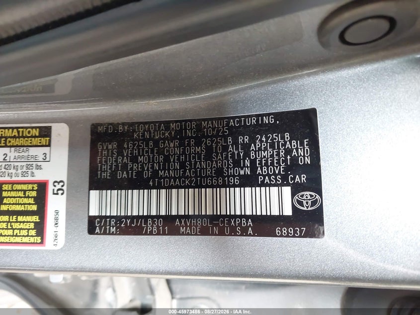 TOYOTA CAMRY 2026 VIN 4T1DAACK2TU668196
