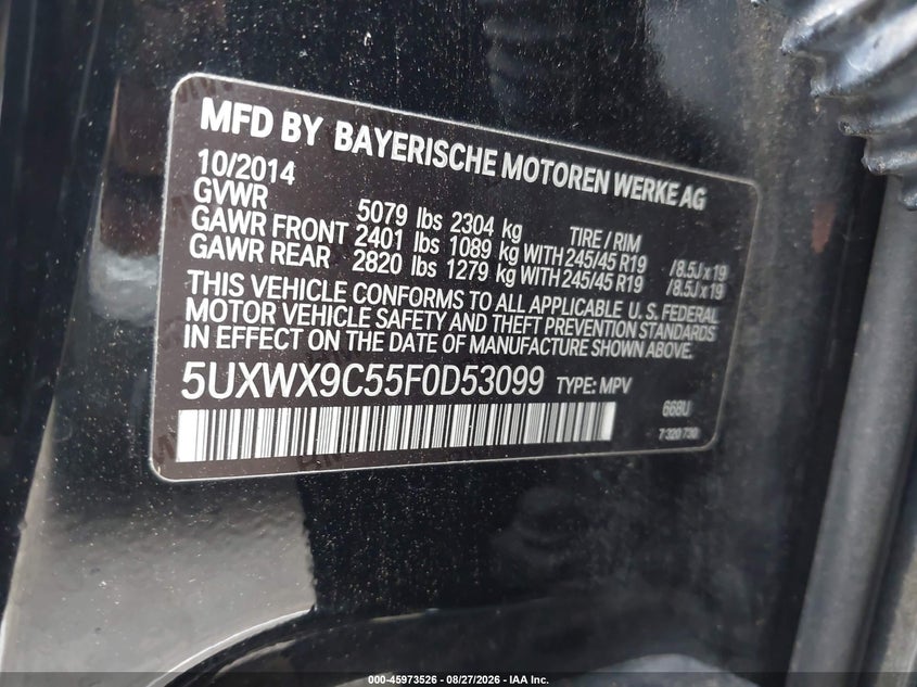 BMW X3 2015 VIN 5UXWX9C55F0D53099