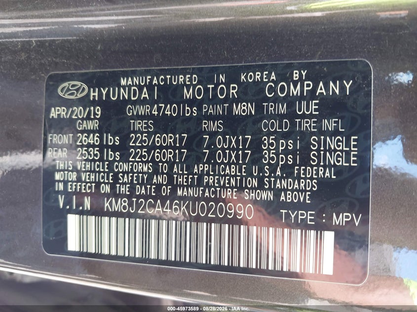 HYUNDAI TUCSON 2019 VIN KM8J2CA46KU020990