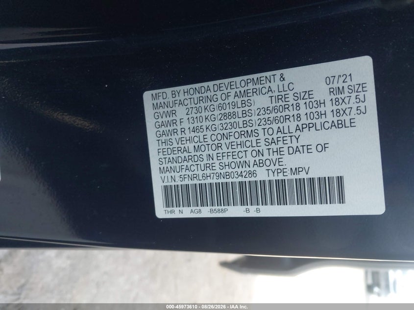 HONDA ODYSSEY 2022 VIN 5FNRL6H79NB034286
