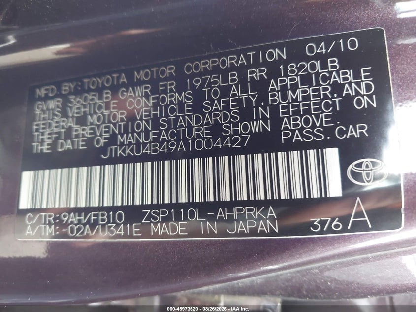 2010 SCION XD HATCHBACK 1.8L I-4 DOHC, VVT, REGULAR , 128HP