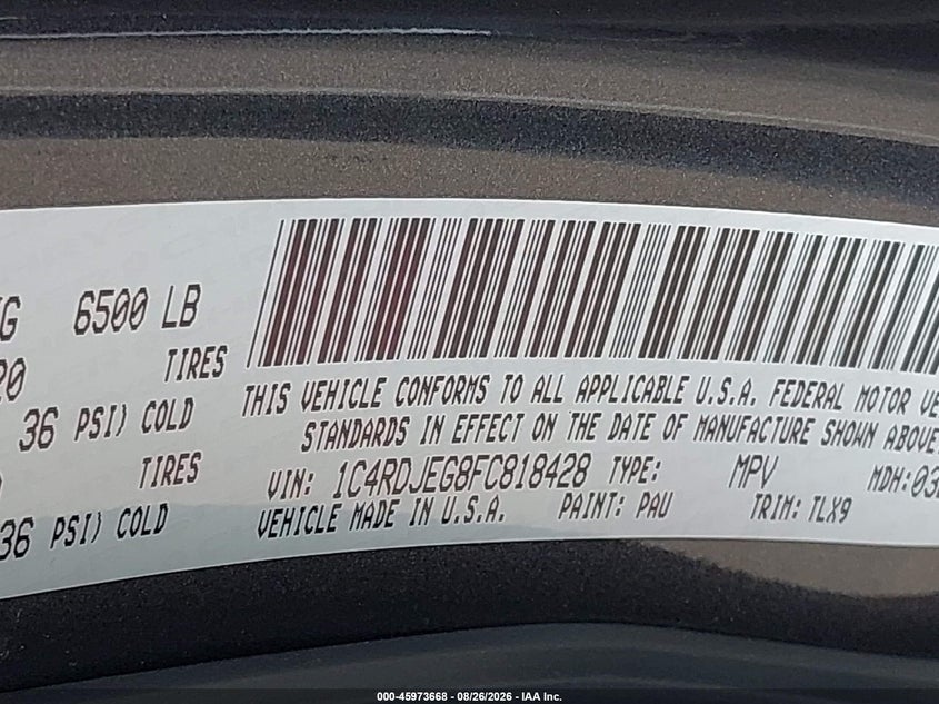 DODGE DURANGO 2015 VIN 1C4RDJEG8FC818428