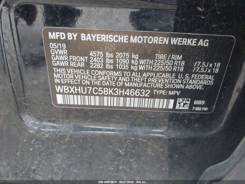 BMW X1 2019 VIN WBXHU7C58K3H46632