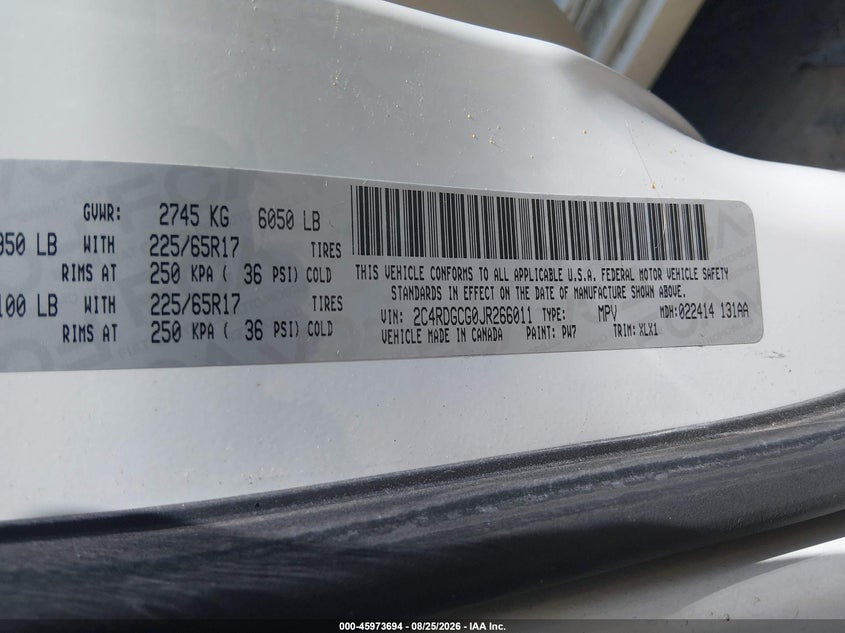 DODGE GRAND CARAVAN 2018 VIN 2C4RDGCG0JR266011