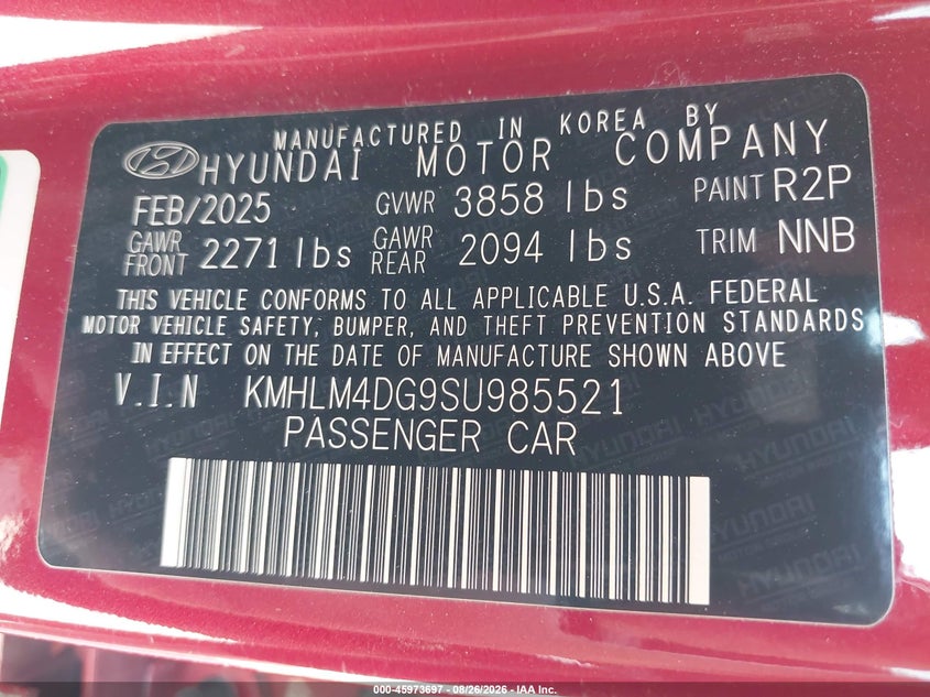 HYUNDAI ELANTRA 2025 VIN KMHLM4DG9SU985521