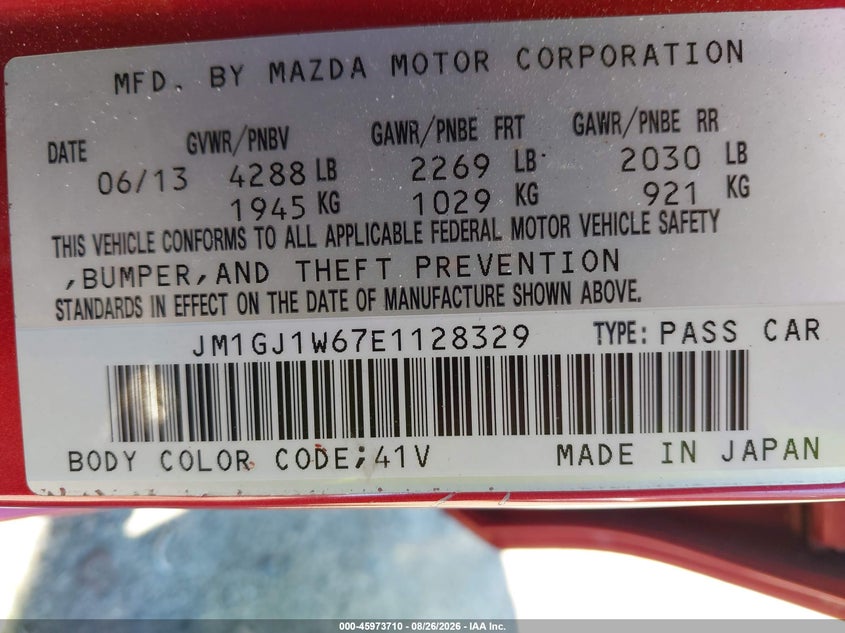 MAZDA MAZDA6 2014 VIN JM1GJ1W67E1128329