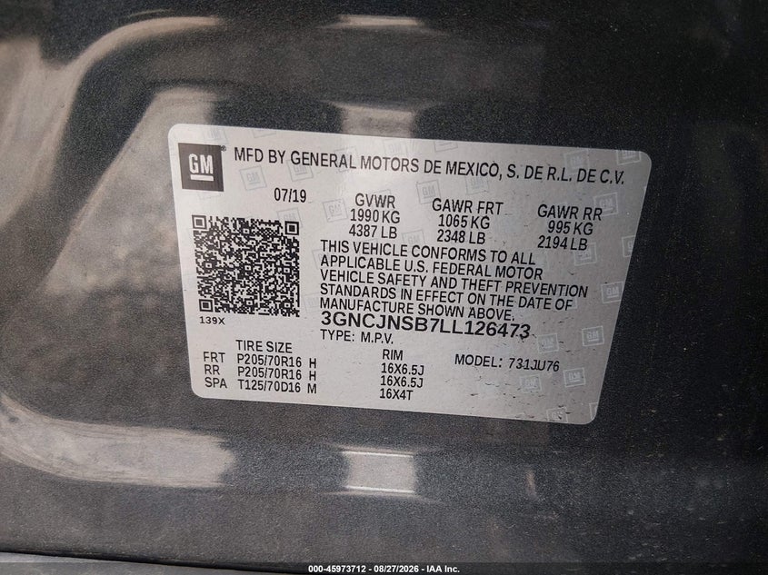 2020 CHEVROLET TRAX SPORT UTILITY VEHICLE 1.4L I4 FI DOHC 16V NF4