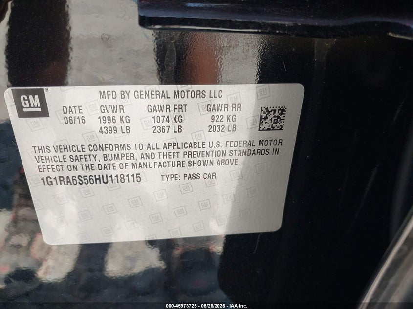 CHEVROLET VOLT 2017 VIN 1G1RA6S56HU118115
