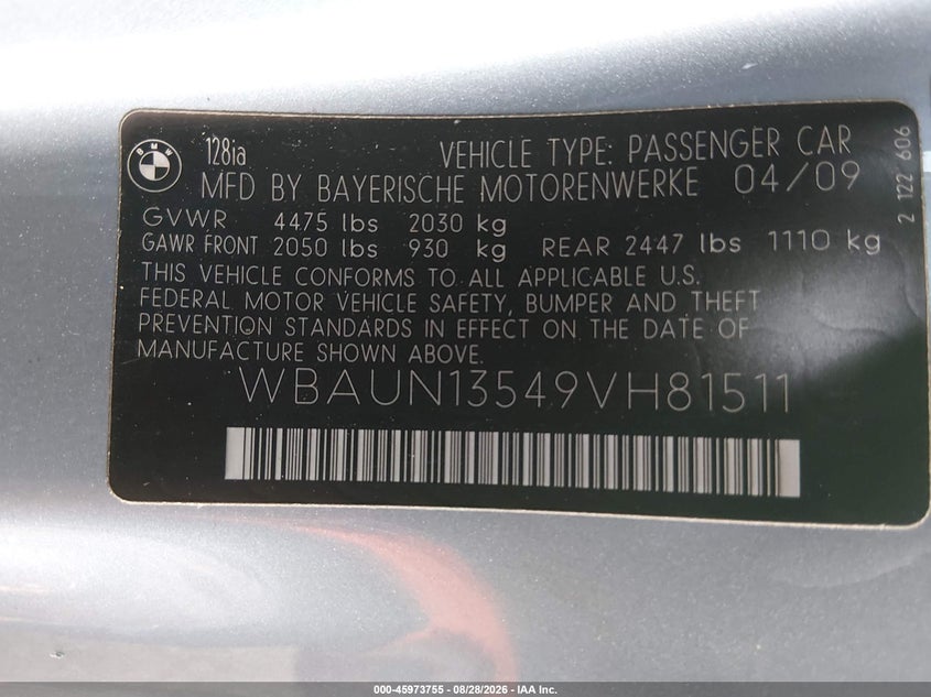 BMW 128I 2009 VIN WBAUN13549VH81511