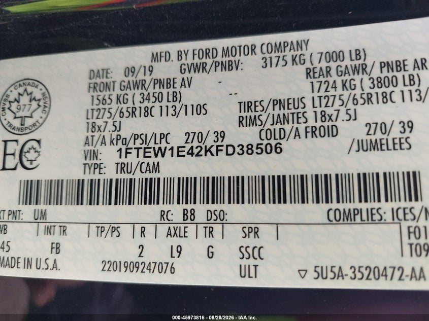 2019 FORD F-150 PICKUP 3.5L V6 FI DOHC 24V NF4