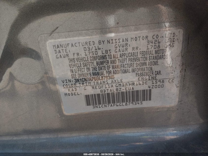 NISSAN VERSA 2016 VIN 3N1CN7AP6GL879345