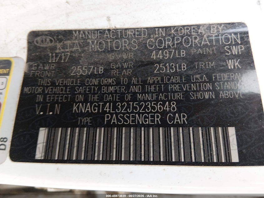 KIA OPTIMA 2018 VIN KNAGT4L32J5235648