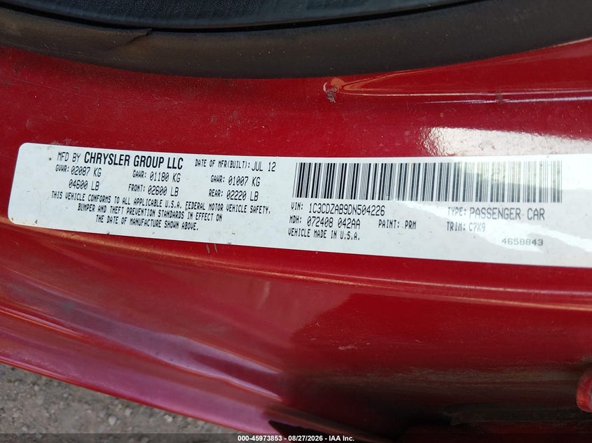 DODGE AVENGER 2013 VIN 1C3CDZAB9DN504226