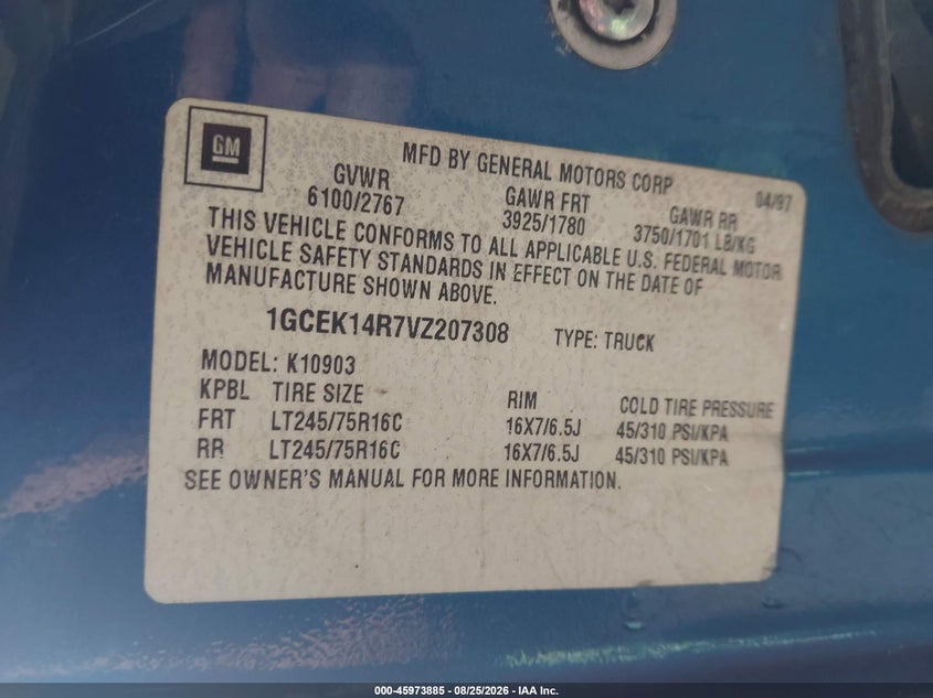 CHEVROLET K1500 1997 VIN 1GCEK14R7VZ207308