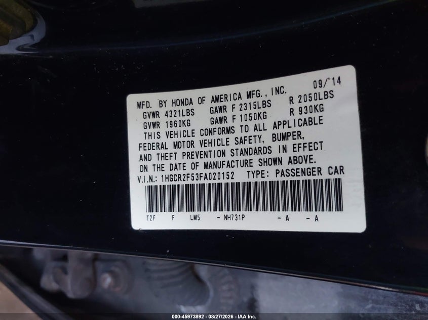 2015 HONDA ACCORD SEDAN 2.4L I-4 DI, DOHC, VVT, 189HP