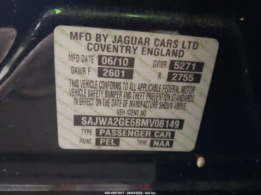 JAGUAR XJ 2011 VIN SAJWA2GE6BMV08149