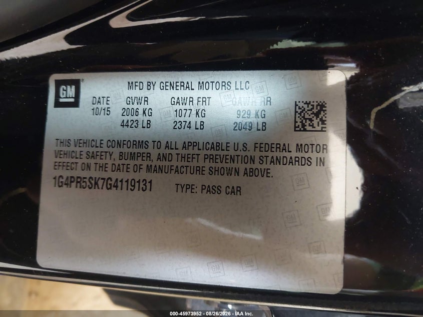 BUICK VERANO 2016 VIN 1G4PR5SK7G4119131