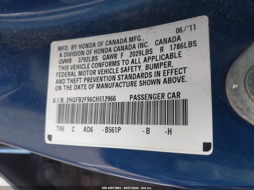 2012 HONDA CIVIC SEDAN 1.8L I-4 VVT, REGULAR , 140HP