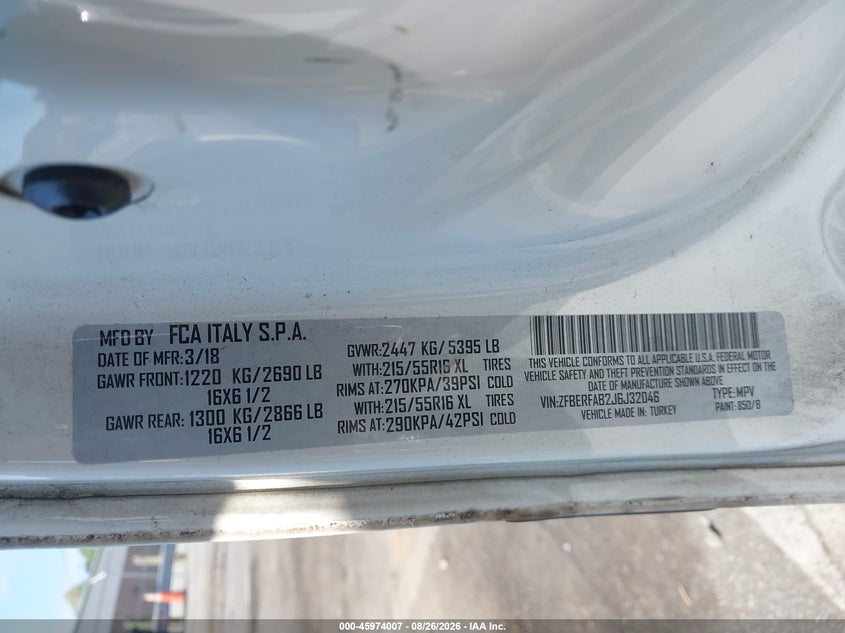 RAM PROMASTER CITY 2018 VIN ZFBERFAB2J6J32046