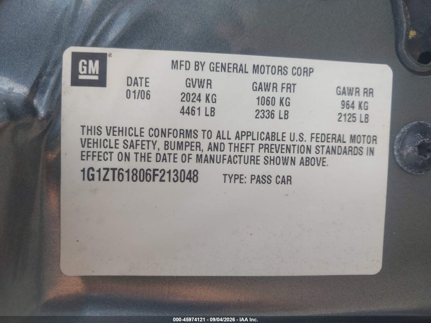 CHEVROLET MALIBU MAXX 2006 VIN 1G1ZT61806F213048