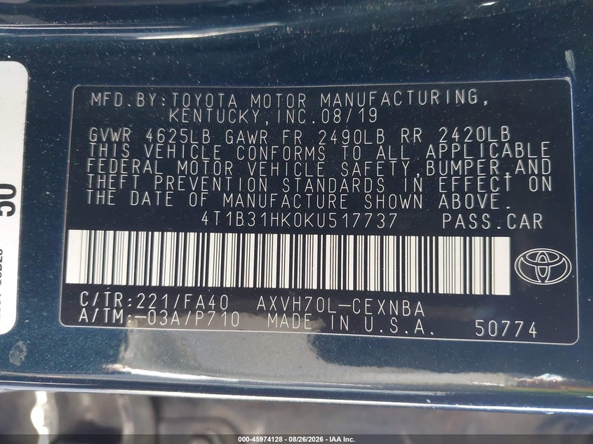 TOYOTA CAMRY HYBRID 2019 VIN 4T1B31HK0KU517737