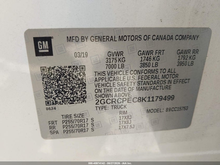 CHEVROLET SILVERADO 1500 LD 2019 VIN 2GCRCPEC8K1179499