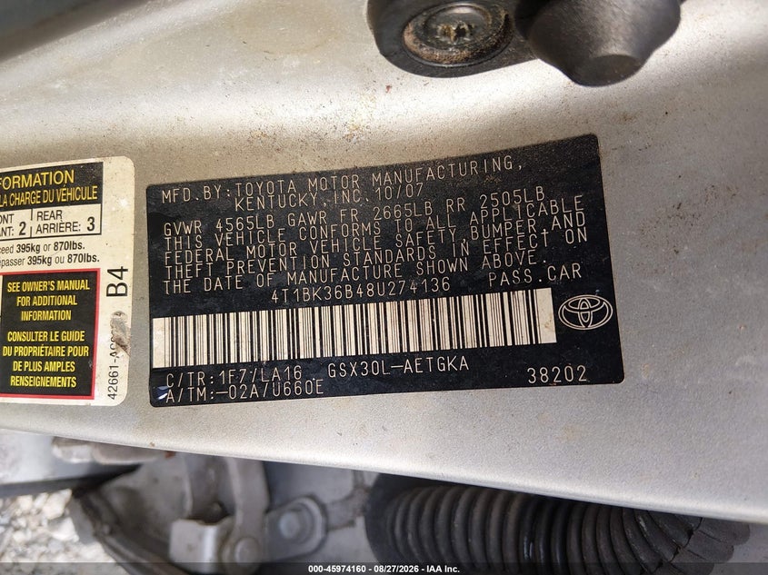 TOYOTA AVALON 2008 VIN 4T1BK36B48U274136